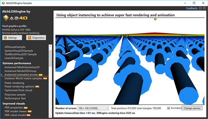 Animating 3D arrows with instancing in Ab3d.DXEngine